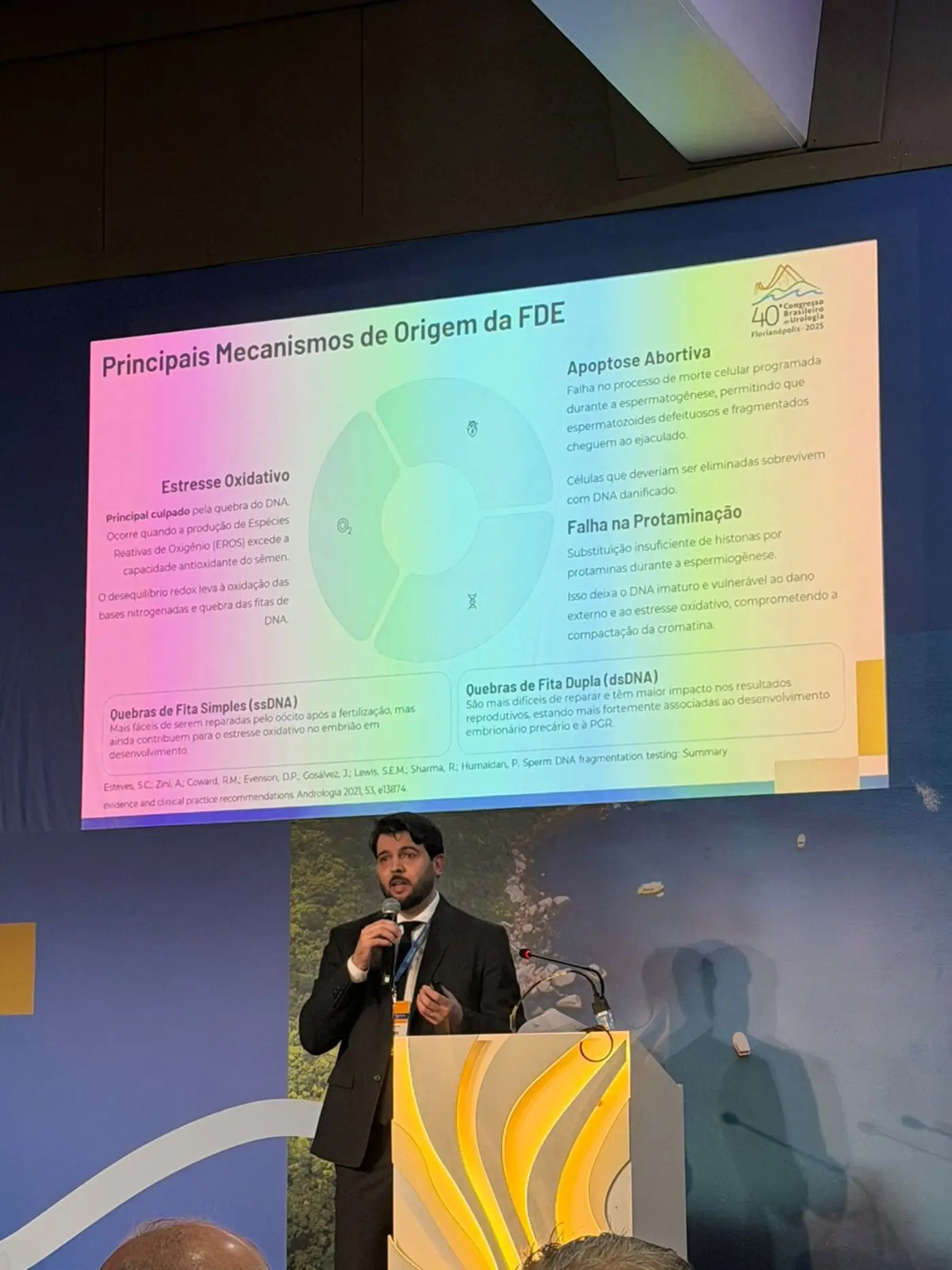 Dr. Walter Fonseca ao microfone durante congresso de urologia